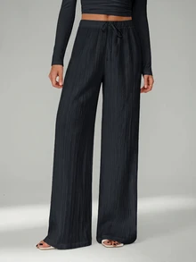 SHEIN Tall Loose Drawstring Waist Trousers In Textured Crinkle Fabric - Dark Grey - View 1