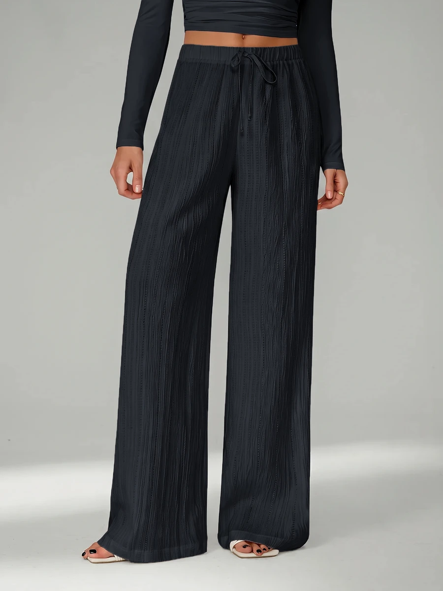 SHEIN Tall Loose Drawstring Waist Trousers In Textured Crinkle Fabric - Dark Grey - View 1