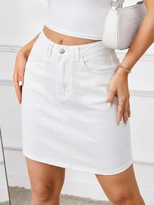 SHEIN Tall Women's Casual Daily Denim Mini Skirt With Pockets And Buttons - White - View 1