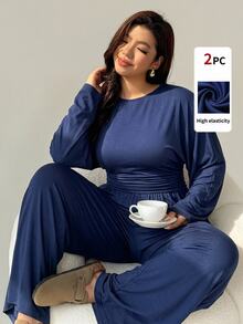 Auralis Blue Two-Piece Set Featuring A Round-Neck, Batwing-Sleeve Top With A Gathered Waist And Loose-Fitting Trousers With An Elastic Waistband-A Comfortable - Navy Blue - View 2
