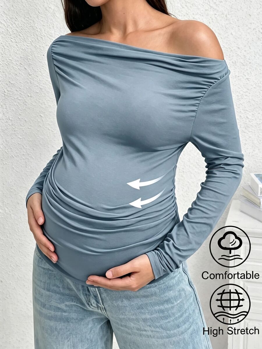 SHEIN 孕婦純色抓皺不對稱領長袖修身T恤 - 霧霾藍 - 查看 1