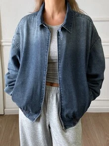 DAZY Women's Distressed Washed Faded Loose Zipper Lapel Long Sleeve Casual Street Vacation Autumn/Winter Denim Jacket And Coat - Blue - View 5