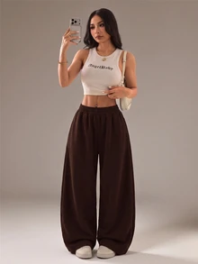 Vivamere Women's Solid Color Casual Versatile Daily Sweatpants - Coffee Brown - View 9