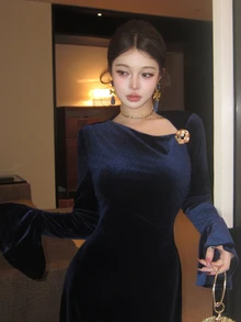 DAZY Women's Solid Color Metal Decor Casual Party Mid-Length Dress Fall - Blue - View 5