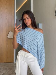 Siren Gaze Autumn/Winter New Asymmetrical Shoulder Knit Shawl For Women - Blue - View 6