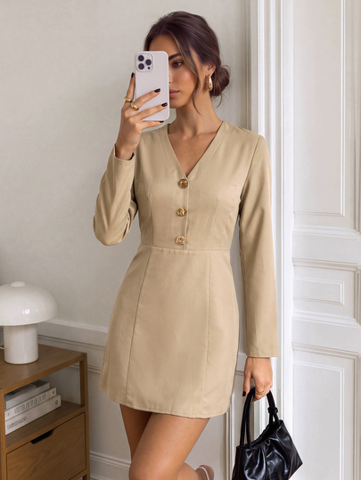 Easowa V-Neck Metal Buckle Half-Button Front Long Sleeve Cinched Waist Straight Fit Casual Relaxed Elegant Commuter Old Money Style Autumn/Winter Women's Short Dress