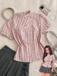 Comfortcana Plus Size Summer Casual Plaid Petal Sleeve Shirt - Dusty Pink - View 12