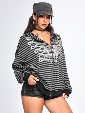 Felpa con cappuccio ampia aperta davanti, stile Y2K abbigliamento strada emo girl grunge punk, con bottoni Napoleon, stampa finta, strisce in foil argento, stile Academy