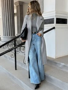SHEIN PariChic Autumn/Winter Elegant Flat Collar Herringbone Pocket Tie-Front Long Sleeve Jacket, Suitable For Daily Wear - Grey - View 6