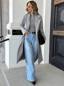 SHEIN PariChic Autumn/Winter Elegant Flat Collar Herringbone Pocket Tie-Front Long Sleeve Jacket, Suitable For Daily Wear - Grey - View 3