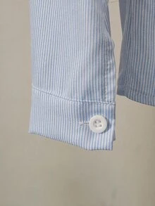 Souflis Children's Spring/Autumn Light Blue Striped Outfit, Minimalist & Exquisite, Fresh & Fashionable, Shirt With Black Horse Logo Decoration, Suitable For Daily Wear And Gatherings - Blue - View 5