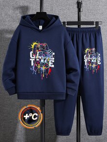 SHEIN 兒童 2 件組 青少年男孩休閒遊戲機圖案連帽衛衣與運動長褲，適合秋冬返校季節 - 寶藍色 - 查看 2