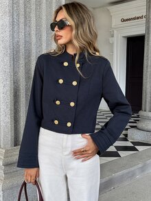 Pariaura French Vintage Court Style Red Short Jacket, Double-Breasted Gold Button Stand Collar - Navy Blue - View 5