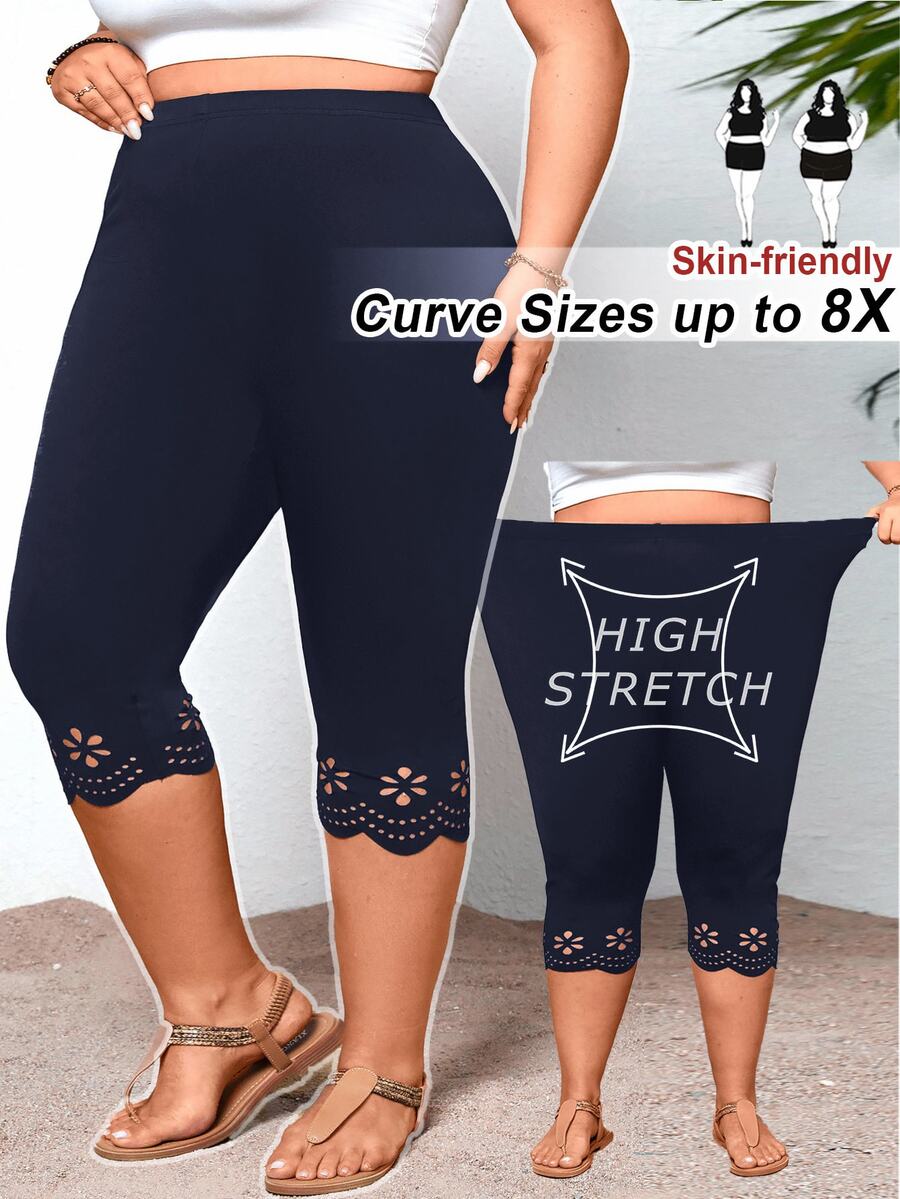 SHEIN CURVE+ 大尺碼女款黑色鏤空緊身內搭褲 - 藏蓝色 - 查看 1