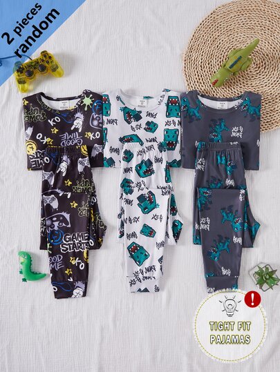Pijama de 6 piezas para niño preadolescente, cuello redondo, manga larga & pantalones largos, punto suave, estampado gráfico de dibujos animados en negro y azul, ajuste ceñido casual, otoño/invierno