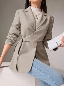 Heiryn Women's Solid Color Lapel NeckSide Waist Tie Casual Blazer - Khaki - View 3