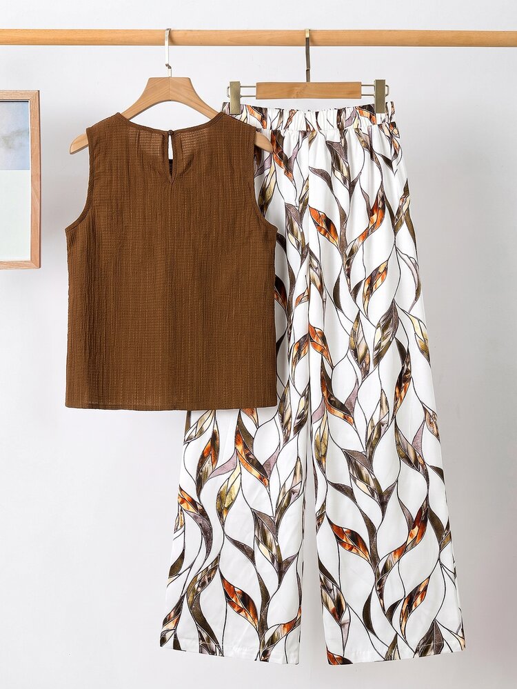 SHEIN Clasi Elegant Women's Solid Color Texture Pleated Blouse And Flower Wide Leg Pants Set - Brown - View 5