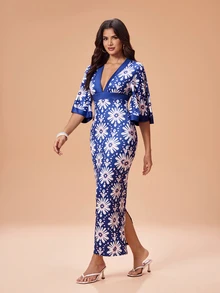 Glamance 女款全印花針織拼色深V領喇叭袖修身長洋裝，波希米亞風，優雅成熟休閒性感，適合外出、工作、辦公室、日常、派對、生日、度假、中東旅行、海灘、泳裝、波希米亞、萬聖節、開學季、日、夏季 - 藍色 - 查看 4