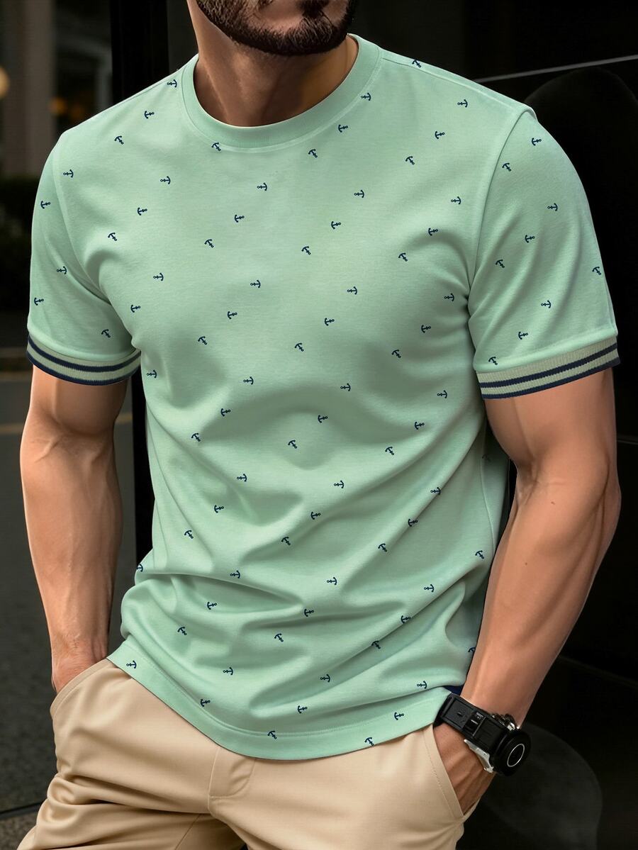 Manfinity Homme 男士印花上衣,時尚街頭嘻哈風,休閒短袖T恤 - 綠色 - 查看 1