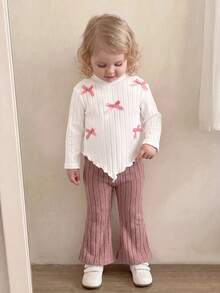 SHEIN Baby Girl Bow Decor Asymmetric Hem T-Shirt And Flare Pants Casual Set - Pink - View 5