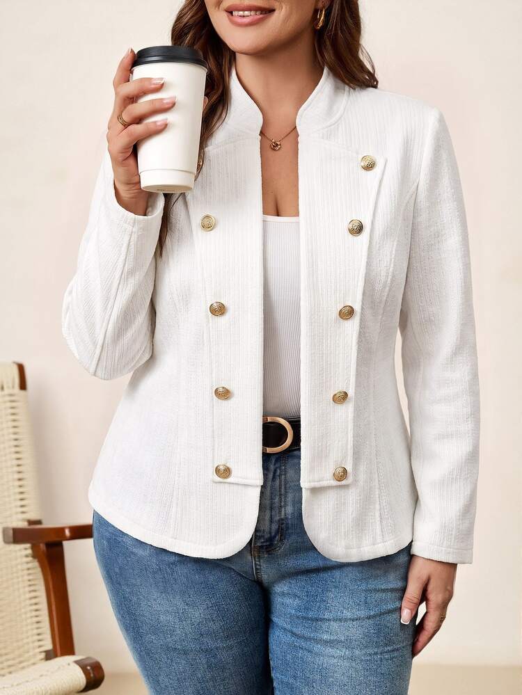 Chikora Plus Size Women Solid Color Double-Breasted Button Design Open Front Jacket - Apricot - View 1