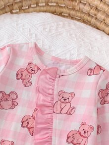 SHEIN Newborn Baby Girl Cute Knitted Pink Plaid Bear Romper With Headband - Pink - View 6