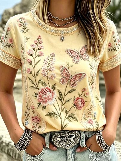 Breezaya Women Boho Color Block Floral Print Short Sleeve Crew Neck Western Casual TShirt