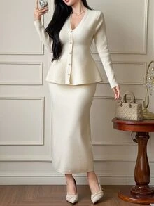 DAZY Women's Solid Color Long Sleeve Top And Skirt Knit 2 Pieces Set Fall - Beige - View 4