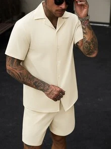 Manfinity CasualCool Men's Solid Color Short Sleeve Shirt And Shorts Casual Daily Outfit - Apricot - View 3
