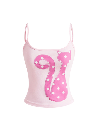 Kawaii Canotta aderente da donna vintage Y2K con applicazione gatto a pois, ricamo e fiocco 3D