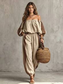 Glimmora Women's Colorblock Striped Shoulder Top And Pants 2 Pieces Set - Brown - View 1