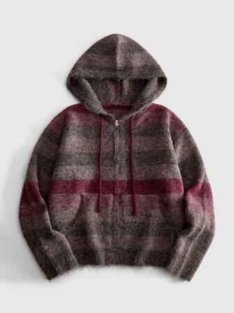 Sudadera con capucha de punto esponjoso a rayas y bloques de color vintage para hombre, cárdigan casual de manga larga con capucha, cordón y bolsillos delanteros