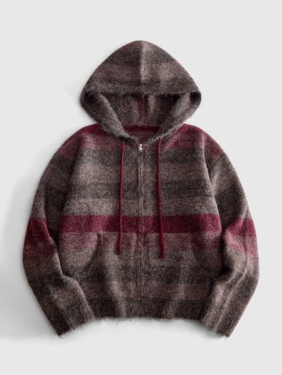 Sudadera con capucha de punto esponjoso a rayas y bloques de color vintage para hombre, cárdigan casual de manga larga con capucha, cordón y bolsillos delanteros