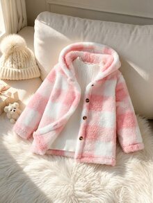 Elladie kids 女童 4-8 歲夾克，奶咖格紋柔軟絨毛連帽外套，適合秋冬、戶外活動、上學 - 粉色 - 查看 6