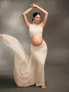 Cheriluna Maternity فستان أنيق بشريط انسيابي لتصوير الحمل، فستان حفلة تعميد الطفل - لون مشمشي - مشاهدة 1