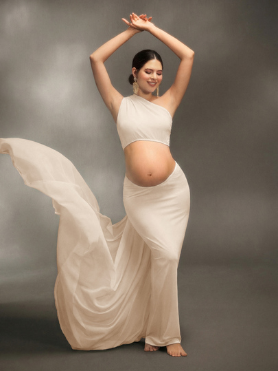 Cheriluna Maternity Elegant Romance Flowing Ribbon Maternity Photography Dress, Baby Baptism Party Photoshoot Maternity Dress White Fall