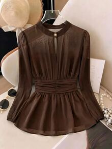 SHEIN Clasi بلوزة أنيقة للتنقل اليومي بخصر مشدود وياقة دائرية صغيرة وقصة A-Line - بني - مشاهدة 3