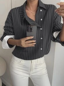 Livesso Autumn Spring Loose Business Casual Style 2 In 1 Color Block Patchwork Fine Stripe Design Asymmetric Placket Fashion Street Commute Elegant Women's Blouse - Grey - View 5