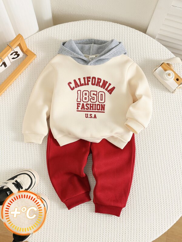 SHEIN Baby Boy Letter Print Colorblock Hooded Pullover Sweatshirt & Elastic Waist Long Pants 2-Piece Set