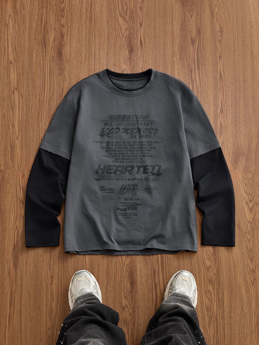 SWAVVY 男士針織時尚日常青年休閒英文印花拼接寬鬆長袖T恤 - 灰色 - 查看 1