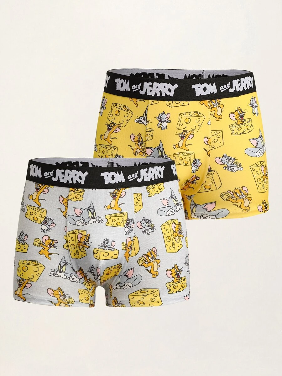TOM & JERRY X SHEIN 男士卡通印花拼色休閒日常四角內褲 - 灰色 - 查看 1