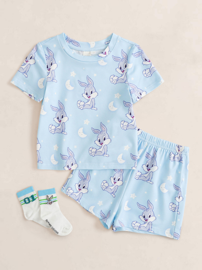 LOONEY TUNES X SHEIN Baby Boy Cartoon Print Short Sleeve Top And Shorts Casual Daily Home Pajama Set