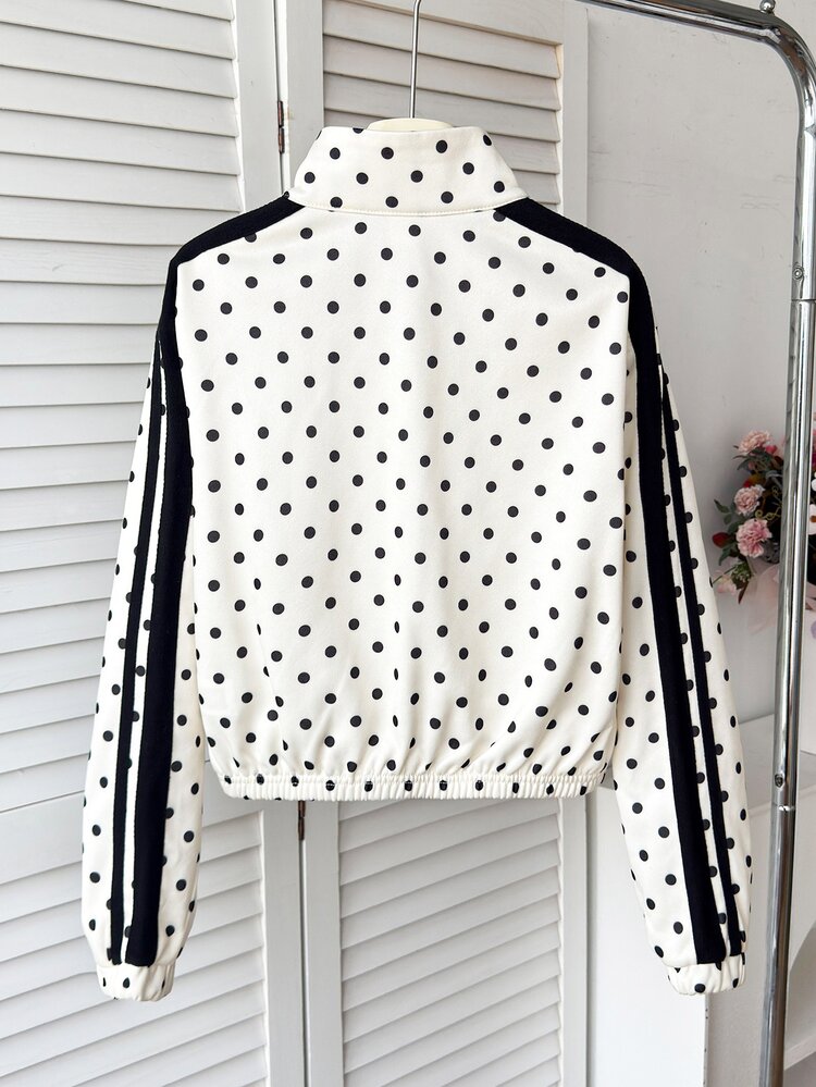 Tween Girls Squishy Polka Dot Woven Tape Stand Collar Parka Jacket, Formal Casual Daily Outing Versatile Streetwear, Suitable For Any Occasion, Sister Outfit, Parent-Child Matching, Cute Girls Outfit - White - View 2