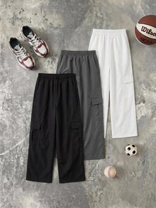 SHEIN 兒童青少年男孩休閒日常舒適工裝直筒寬鬆長褲，黑色工裝褲，新年款，6-7歲適用，適合外出、上學，春秋夏冬四季皆宜 - 彩色 - 查看 1