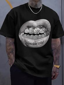 Manfinity ZONE917 Men's Black Lip Print Drop Shoulder T-Shirt - Black - View 1