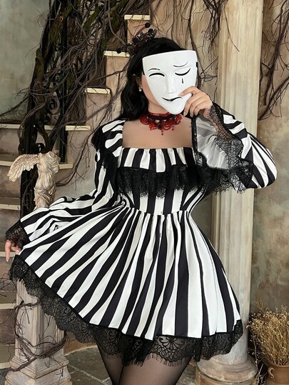 Whyspr Plus Size Women's Square Neck Lace Patchwork Vintage Style Long Sleeve Black & White Striped Short Dress, Suitable For Halloween Party, Vintage Theme Event, Gothic, Dark Style