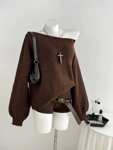 Elamini Women's Brown Casual Versatile Daily Commute Home Wear Fuzzy Asymmetric Neck Sweater 2 Pieces Set - Brown - View 1