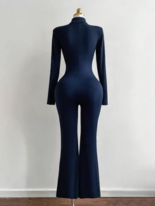 SHEIN Unity Women's Black Autumn/Winter Stand Collar Logo Jumpsuit, Elastic Slim Fit Flattering Front Zipper, European And American Elegant Sexy Streetwear - Navy Blue - View 2