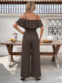 SHEIN Clasi 女款波點圖案荷葉邊露肩時尚連身褲，適合度假 - 彩色 - 查看 2