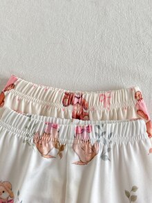 SHEIN Vintaside Kids 4件組女嬰秋季套裝 可愛兔子與熊印花長袖荷葉邊上衣搭配長褲 休閒居家服 - 彩色 - 查看 8